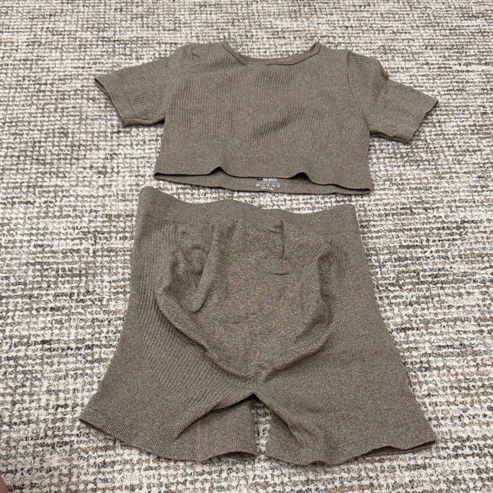 Ribbed Crop Top and High-Waist Shorts Set in Taupe